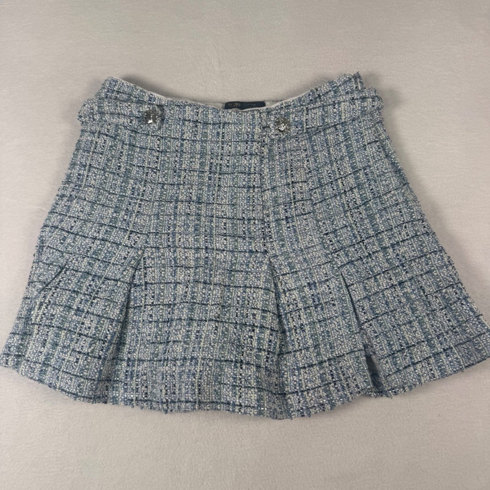 Maje Tweed Skort Women 40 Blue Silver Metallic Pleated Preppy Quiet Luxury Mini